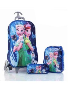 BGC Disney Frozen Fever Elsa Anna Blue Snow Koper Set Troley T Samurai + Lunch Box + Kotak Pensil + Alat Tulis Frozen 3D Hard Cover Tas Anak Sekolah