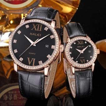 kobwa Genuine Leather Strap Watch Brand lovers watch wholesale calendar one generation waterproof (couple Watch) (Black)