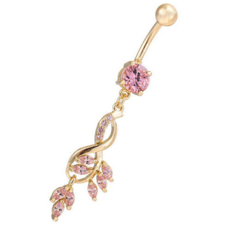 Phoenix B2C Crystal Tassel Dangle Navel Belly Button Ring Bar Golden Tone Body Jewelry Piercing (Pink)