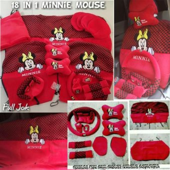 Sarung Jok 18in1 / Car Set / Bantal Mobil Minnie Mouse Mini Mouse Jazz, Yaris, March, Avanza, Xenia, Ertiga, dll (Head-rest Tidak Menyatu) (2 Baris)
