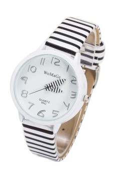 Women Girls Student Black White Stripe Style Imitation Leather Strap Watches Quartz Wrist Watch