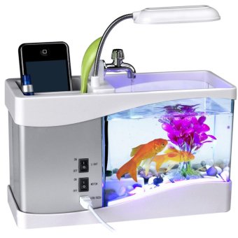 USB Mini Fish Tank Desktop Electronic Aquarium Fish Tank with Water Running LED Pump Light Calendar Clock - intl