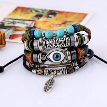 CE Hot Alloy Alloy Feather Pendant Beaded Bracelet Knit Leather Bracelet Leather Bracelet Couple Bracelet Men Bracelet Punk Bracelet - intl