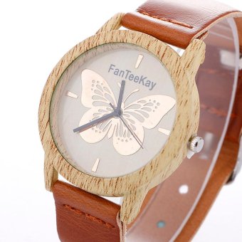 Women Wood Grain Butterfly Analog Quartz Watch Leather Band Wrist Watch - intl