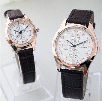 CE set of two three-color decoration fashion retro men's watch ladies watch belt couple couple table casual student quartz watch fashion watch couple pair table round Brown watch white dial - intl