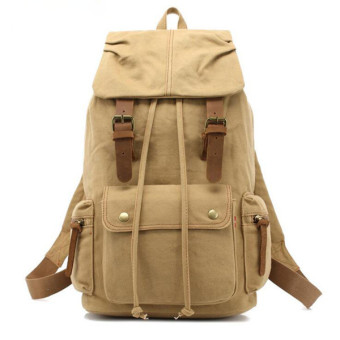 AUGUR Canvas Backpack Straw String Outdoor Mountain Travel Bag Washed Canvas Bag with Leather Camping Rucksack Men Women Black(Khaki)  