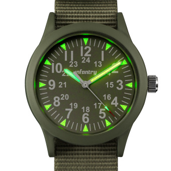 INFANTRY Mens Analog Wrist Watch 24hrs Night Vision Pilot Tactical Green Nylon