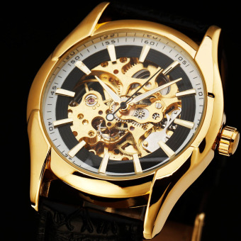 WINNER 8298 Stainless Steel Gold Case Synthetic Leather Men Male Skeleton Automatic Mechanical Self Wind Military Sport Business Wrist Watch (Black Circel Face) - intl