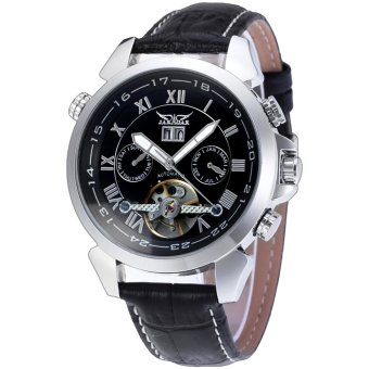 Jargar Men'S Roman Numerals Tourbillon Automatic Silver Luxury Genuine Leather Strap Watch(Black)
