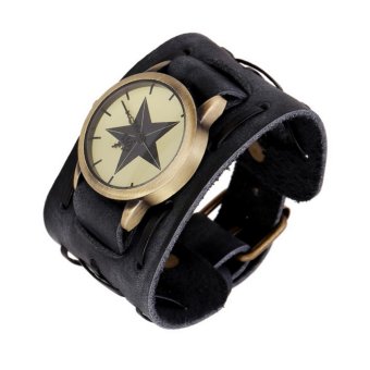 CE Wide Leather Personalized Bracelet Table Factory Direct Atmosphere Cowhide Bracelet Watch Star Pattern Retro Cowhide Bracelet Table Men And Women Leather Watch Punk Black - intl