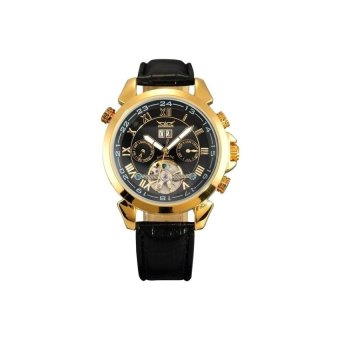 JARGAR W011 Multi-functional Mens Boys Round Dial AutomaticMechanical Wrist Watch with Date /Week /PU Band Golden+Black - intl