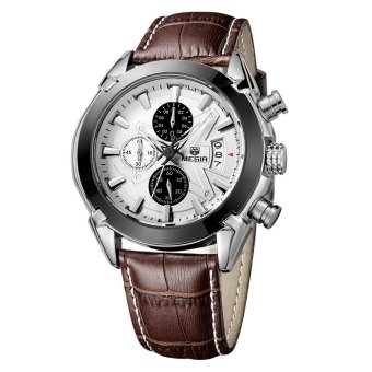 Megir merek Fashion baru jam pria kulit asli Band 3 jam tangan Analog jam ekstra kecil kuarsa tampilan tanggal Chronograph hitam/coklat blaus Masculino