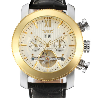 Jargar Men's Fashion Tourbillon Roman Numerals Calendar Leather Wristwatch (Gold/White)
