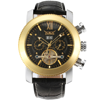 Jargar Men's Fashion Tourbillon Roman Numerals Calendar Leather Wristwatch (Gold/Black)