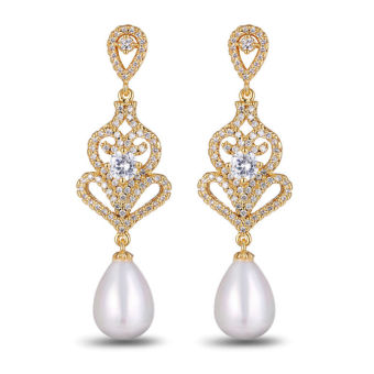 Women Luxury Jewelry Gift Gold Color Wedding Bridal Pearl Drop Earrings Dangle