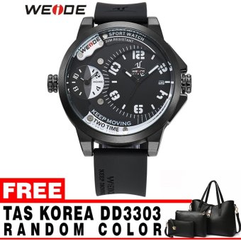 WEIDE UV1501 Luxury Brand Men Military Sports Watches Men's Quartz 2 time zone 30m water resistance Eclipse Series - Hitam + Free Tas Korea Style DD3303