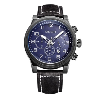 kobwa 2016 Brand Steel Case Fashion military date quartz watches men casual chronograph leather wristwatch man top brand MEGIR (black blue)