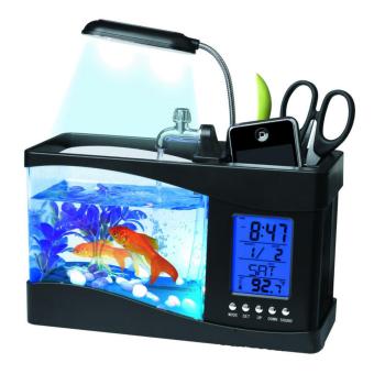 USB Mini Fish Tank Desktop Electronic Aquarium Fish Tank with Water Running LED Pump Light Calendar Clock - intl