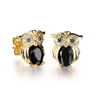Queen Women Microscopic setting 18K gold plated Owl Jewelry Hypoallergenic Earrings(Black)