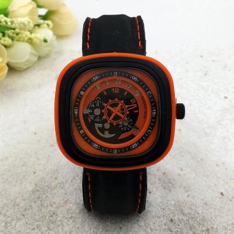 CE gear turn second hand imitation mechanical male watch square silicone watch sports watch fashion single product watch selling single product round dial black strap orange dial - intl