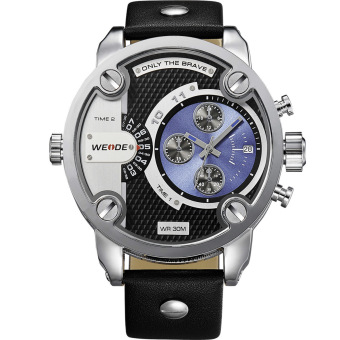 WEIDE WH3301 olahraga pria asli Kulit Strap jam tangan tahan air terlalu besar kuarsa - Hitam + Biru (International)