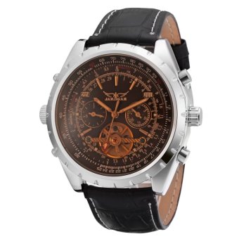 Jargar Men's Calendar Tourbillon Automatic Silver Luxury Genuine Leather Strap Watch(Black)