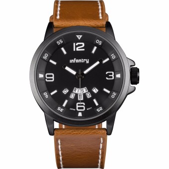 INFANTRY Mens Date Day Quartz Wrist Watch Night Vision Sport Army Brown Leather