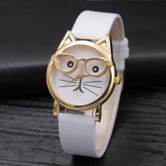 CE glasses cat belt watch female models watches Europe and the United States jewelry leisure Europe and the United States explosive fashion single product watch selling single product round dial White strap pattern dial - intl