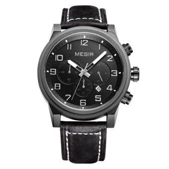 kobwa 2016 Brand Steel Case Fashion military date quartz watches men casual chronograph leather wristwatch man top brand MEGIR (black black black)