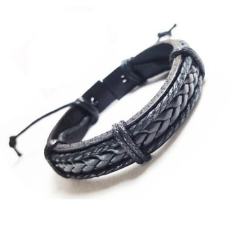 Gelang Kulit Asli Pria Wanita Leather Bracelet Korean - Hitam