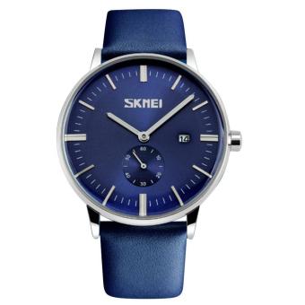 Waterproof Men Business Casual Luxury Leather Strap Quartz Wrist Watch Wristwatch with Sub Dial Date Calendar Blue - intl
