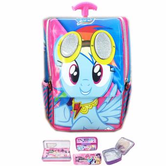 BGC Tas Troley Sekolah Anak TK My Little Pony Rainbow Dash Pilot 3D Timbul + Lunch Bag Aluminium Tahan Panas + Kotak Pensil Alat Tulis - Full Motif