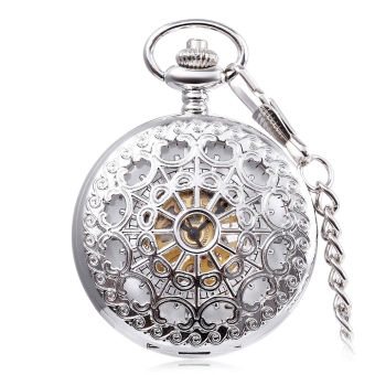 PC5 Retro Mechanical Hand Wind Pocket Watch Hollow-out Front Cover Flower Relief Necklace Wristwatch (Silver) - intl