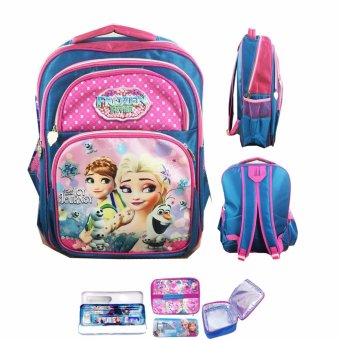 BGC Frozen Fever Tas Ransel Anak Sekolah SD + Lunch Bag Aluminium Tahan Panas + Kotak Pensil Alat Tulis - Blue Pink Prada