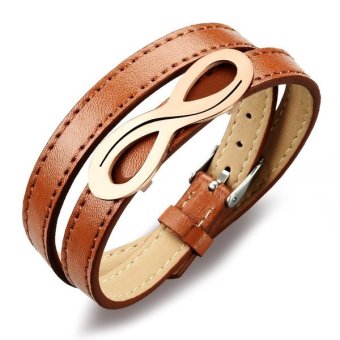 Double Leather Bracelet Titanium Steel Infinite Love Symbol Bracelet Wristband Brown - intl