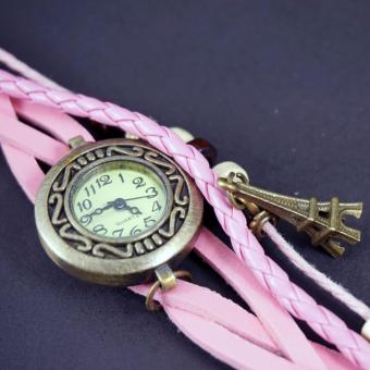 Jam Gelang Quartz Women Ladies Retro PU Leather Bracelet Quartz Watch with Paris Pendant Accessories - Baby Pink