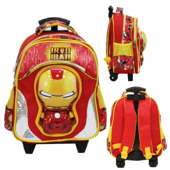 Onlan Tas Trolley Anak TK Import motif Karakter Iron Man Kepala 6D Timbul Unik 3 Kantung - Orange