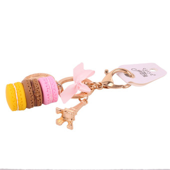 HengSong Macaron kue gantungan kunci logam rantai berwarna merah muda