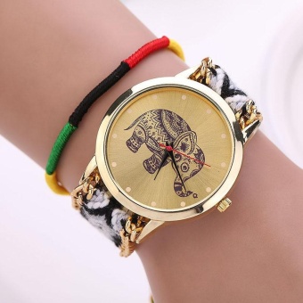 Women Girl Handmade Braided Elephant Bracelet Dial Quarzt Watch BK+WH - intl