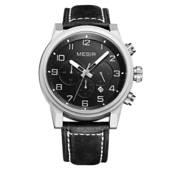 kobwa 2016 Brand Steel Case Fashion military date quartz watches men casual chronograph leather wristwatch man top brand MEGIR (black silver black)
