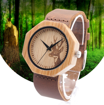 BOBOBIRD Natural Bamboo Wood With Deer Head Dial Leather Luxury Wood Watch as Gifts(Brown)