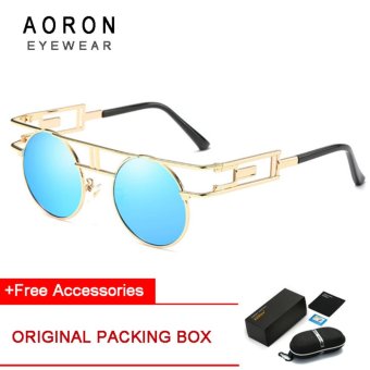 AORON Brand Unique Design Polarized Sunglasses Men's Round Glasses Women Gothic Anti-UV Sunglasses (Golden Frame+Blue Lens) [Buy 1 Get 1 Freebie]  - intl