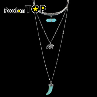 Feelontop Tibetan Design Multilayers Elephant Resin Stone Pendant Long Necklaces(s-blue)