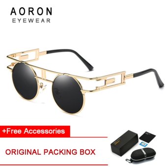 AORON Brand Unique Design Polarized Sunglasses Men's Round Glasses Women Gothic Anti-UV Sunglasses (Golden Frame+Black Lens) [Buy 1 Get 1 Freebie] - intl