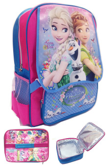BGC Disney Frozen Fever Elsa Anna Kantung Depan Tas Ransel Anak SD + Lunch Bag Aluminium + Kotak Pensil + Alat Tulis - Blue Pink