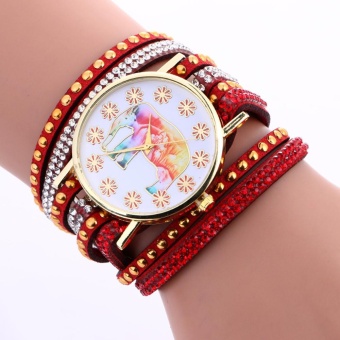 Fashion Elephant Pattern Chimes Leather Bracelet Lady Womans Wrist Watch RD - intl