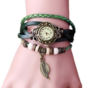Stylish Womens Retro Leather Bracelet Tree leaf Decoration Quartz Wrist Watch dealstoday - intl