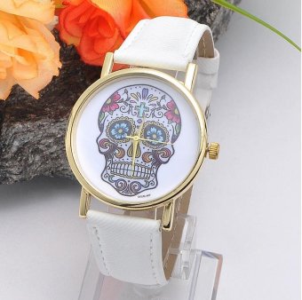 CE carved litchi pattern Korean ladies watch fashion leather belt watch female models watch selling single product round white dial white watch - intl