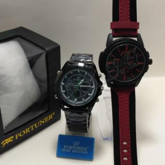 Fortuner Original Jam Tangan Pria Dual Time - Strap Stainless Steel - FR308 dan bonus 1pcs jam tangan swiss army kulit