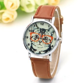 CE glasses cat watch female models digital scale Europe and the United States explosion models belt ladies watch fashion single product watch selling single product round dial Coffee strap pattern dial - intl